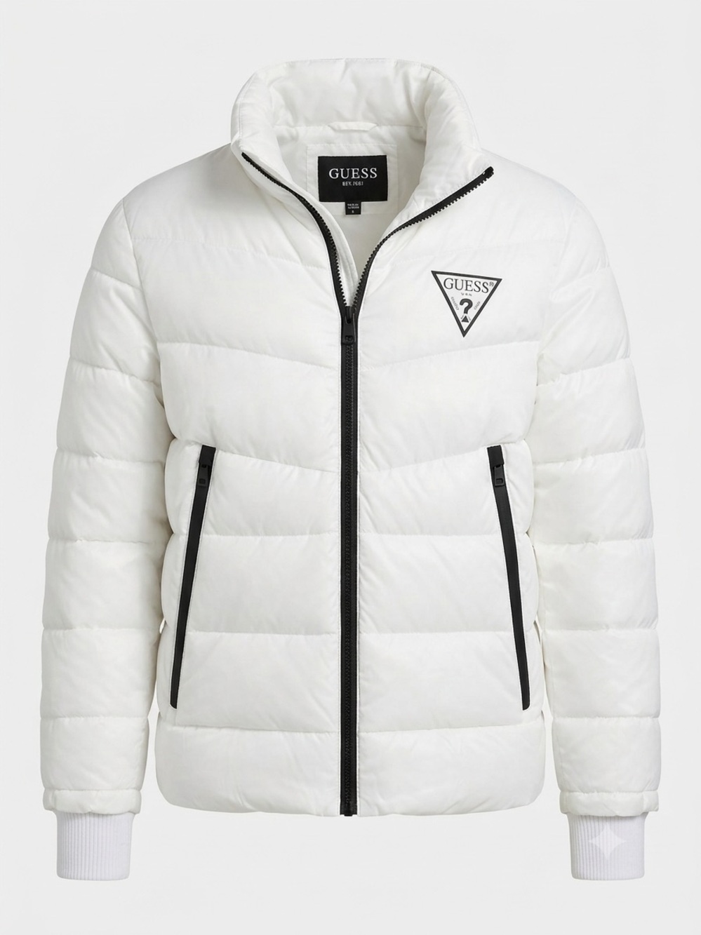 GUESS White Puffer Jacket Men’s Large Black Contrast Zip Logo